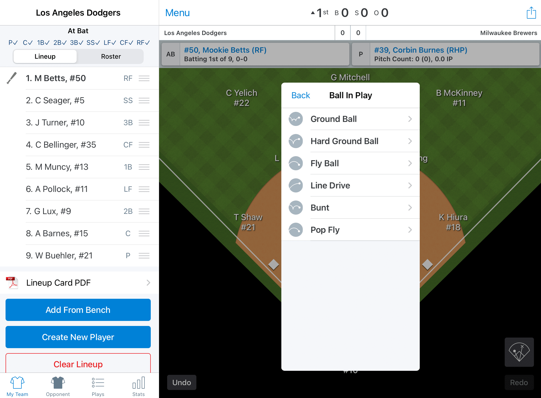 Screenshot from the GameChanger baseball scorekeeping app showing how to log a ball in play.