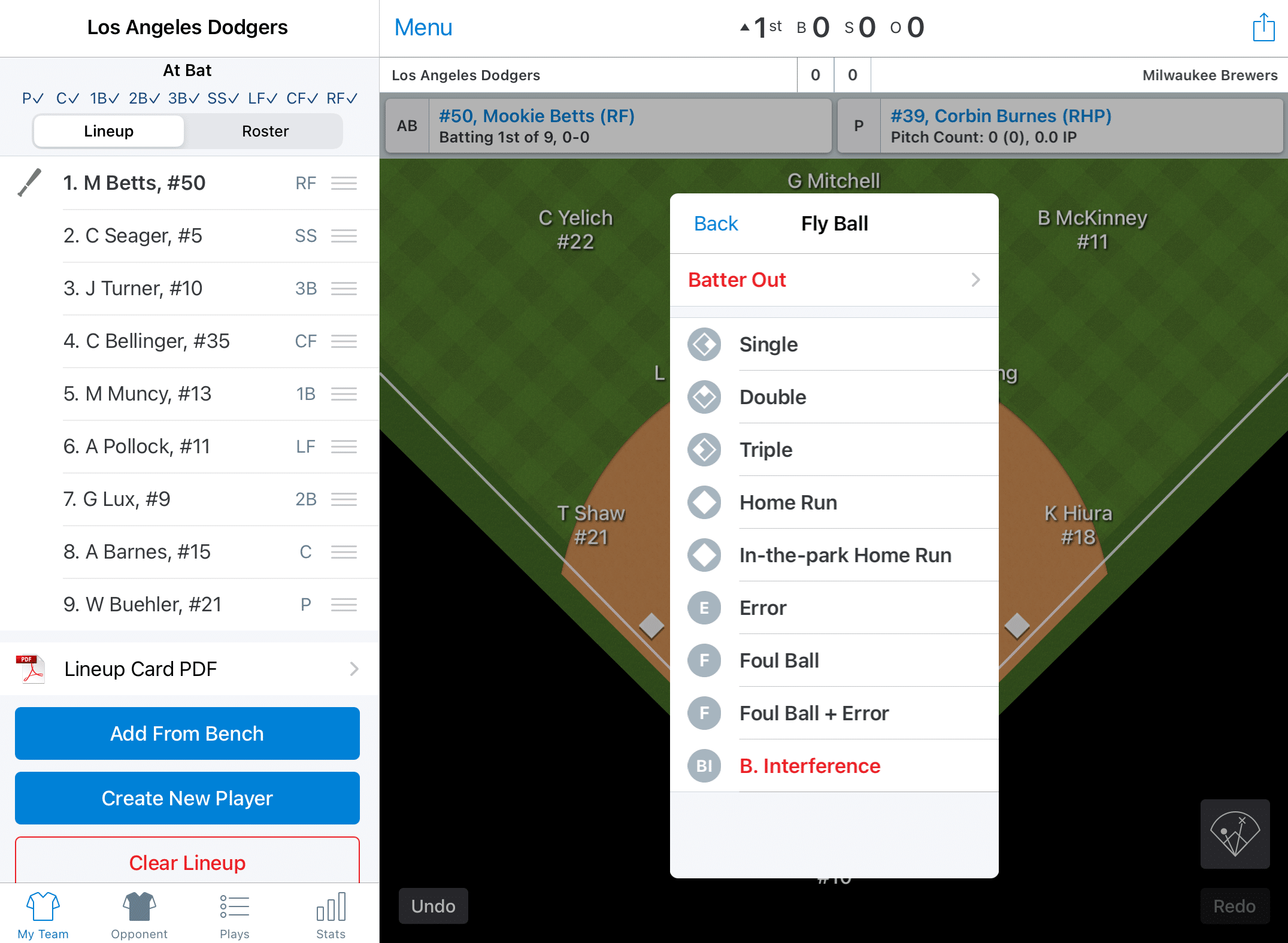 Screenshot from the GameChanger baseball scorekeeping app showing how to select the result of a ball in play.