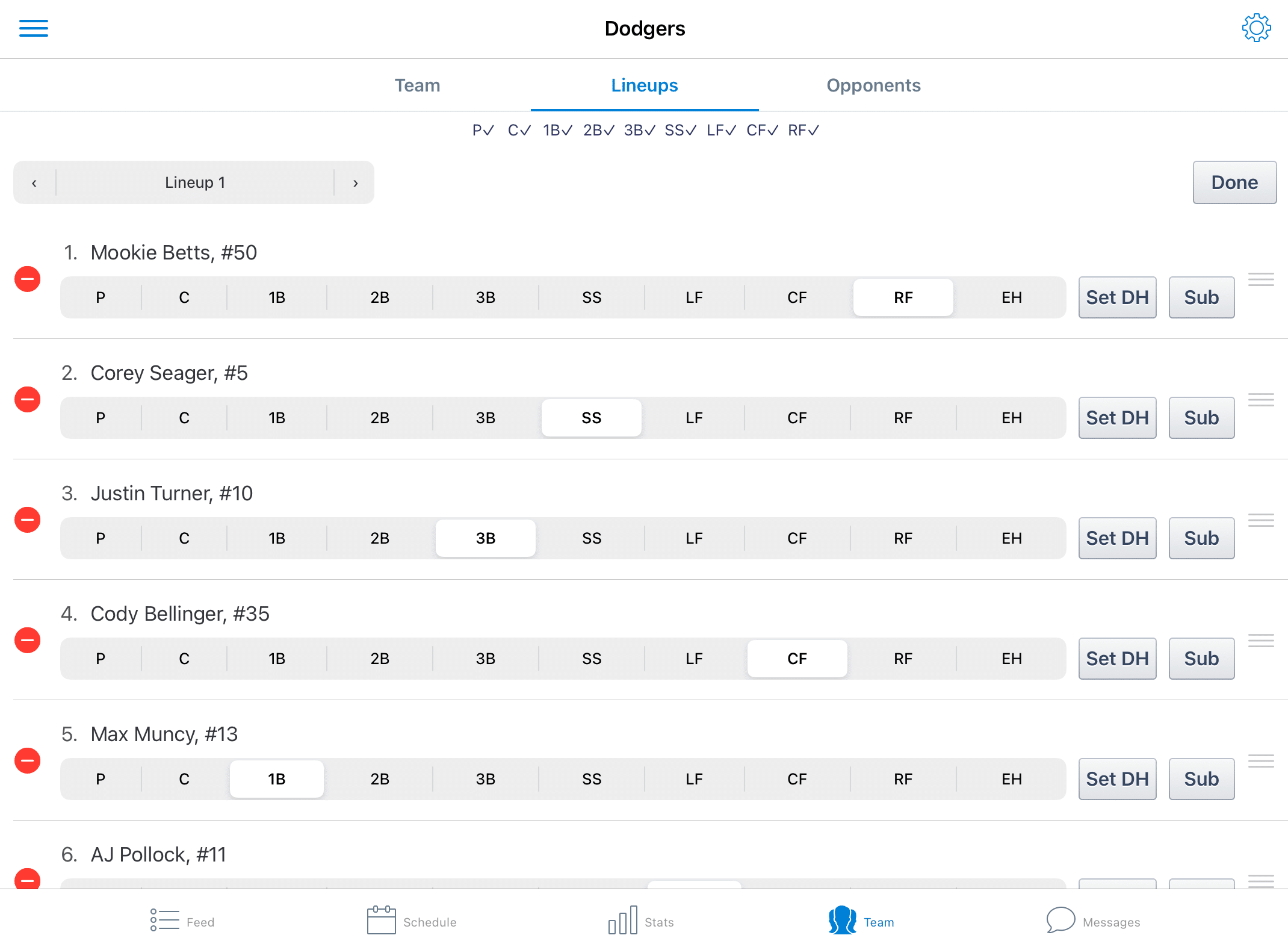 Example of how to set a lineup in the GameChanger baseball scorekeeping app.