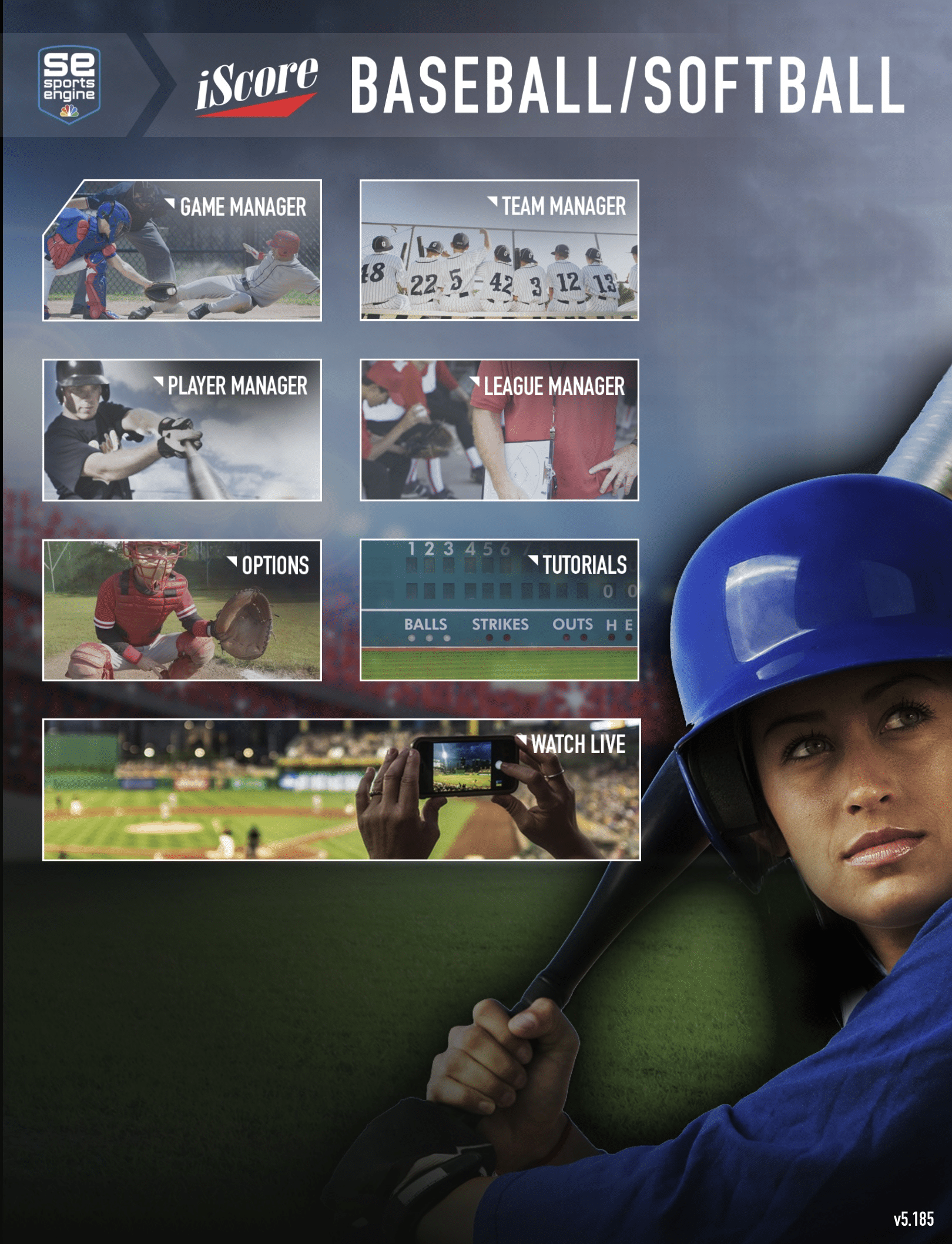 The iScore baseball scorekeeping app main dashboard.
