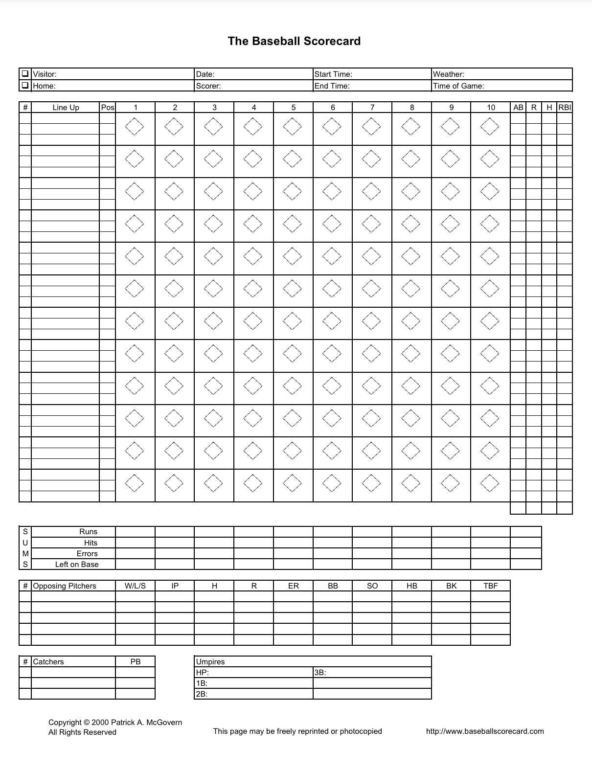 Patrick A. McGovern baseball scorecard, minimalist version.